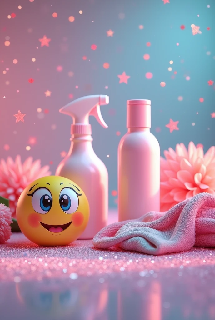 Cleaning products with glitter in the background and a star-eyed emoji in the background