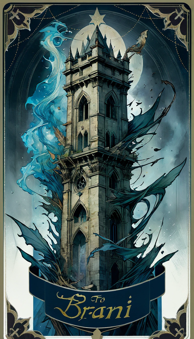 tarot card, to tower, A destroyed tower in flames with several people falling from it , ((text at the bottom of the Letter: "to tower"))de Brian Froud e Carne Griffiths e Wadim Kashin, intricate details, oil