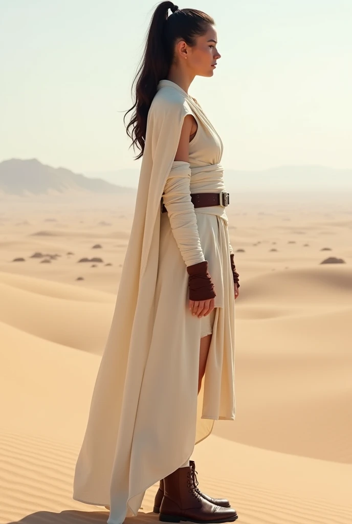 Beautiful, white, female, young woman, long black hair tied into a tight ponytail, wearing white Jedi robes, arms wrapped in white bandages, wearing brown fingerless leather gloves, legs wrapped in white bandages, wearing brown leather boots, standing in a desert, viewed from the side