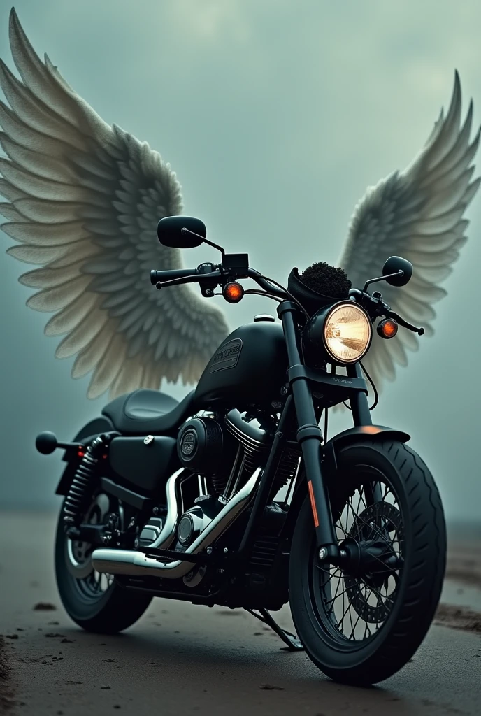 Harley motorcycle with angel wings and a black mourning bow