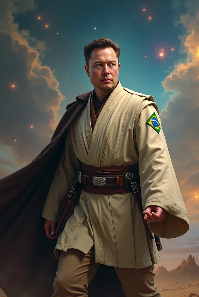 Image of Elon Musk wearing a Star Wars obi outfit with a Brazilian patch pushing Voldemort from Harry Potter away in a battle