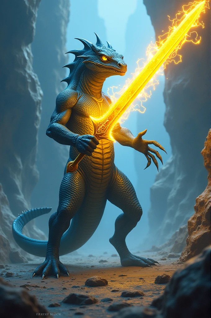 Create a blue reptilian being holding an electric yellow sword