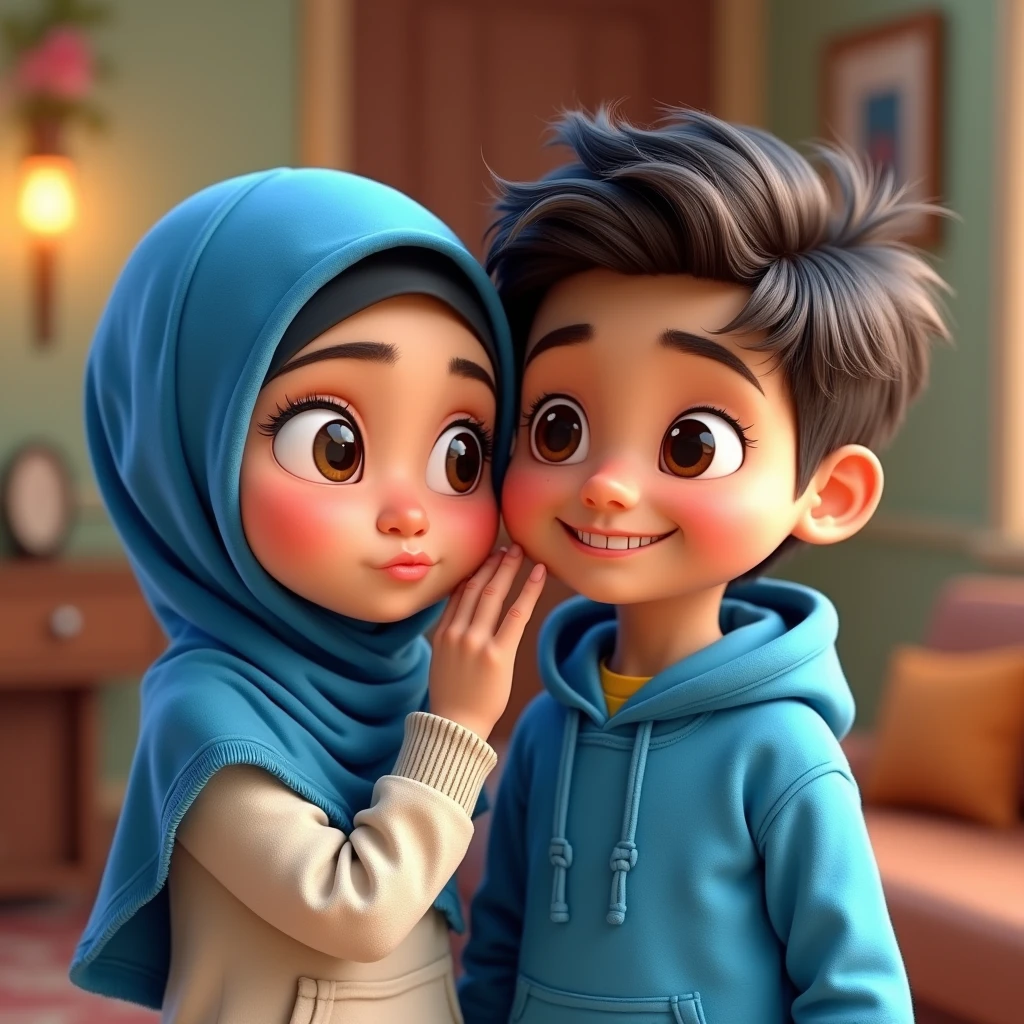 a pair of children's animated characters, a girl wearing a blue hijab, hair tightly covered and a boy wearing a blue hoodie, the boy pinching the girl's cheek, the girl pouting