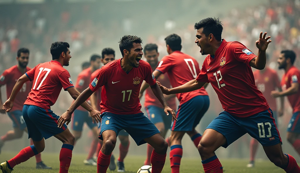The supporters of two nation, nepal and bangladesh fighting with each other during football match and there is blood in there faces too fighting and security guard trying to stop them the suports are weraing football jersey having each countryies flag on it