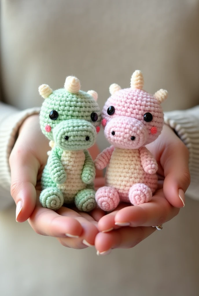 Produk desain,mini plushie, amigurumi , 2 dragons , A chubby dragon with pastel green color, and a chubby dragon  with pastel pink color , brand's eyes are made of black amigurumi eyes, and the nose is black, ,Head size is larger than body, Product photo with plushie in the palm of the hand 