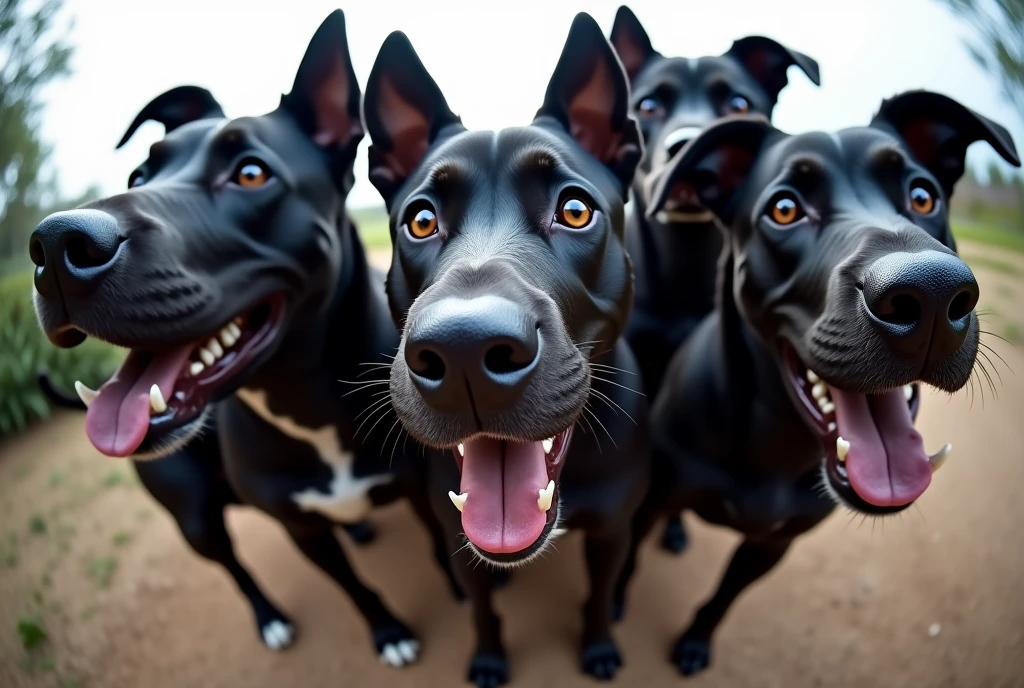 selfie fotka skupiny černých stafford terrier psů, realistická fotka, velice širokoúhlá, 12mm ohnisko styl rybí oko objektiv, vysoké detaily, epická,