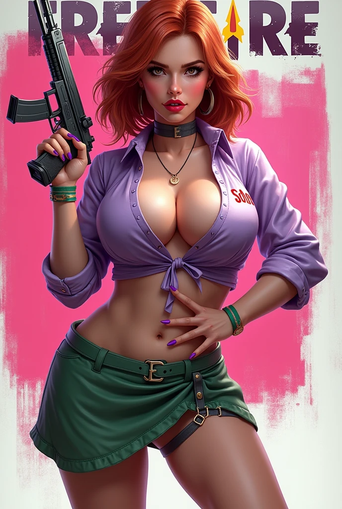 Freefire game style female character,  very sexy, com rosto redondo, big breasts and thick thighs, of skin jambo, short medium copper red hair, dark brown eyes, wearing red lipstick, wearing a short, low-cut lilac blouse with the name SOLENE and a short green skirt, lilac shoe with green high heels, with an mp5 gun and posing, with colored and white background and the name of the game FREEFIRE behind.