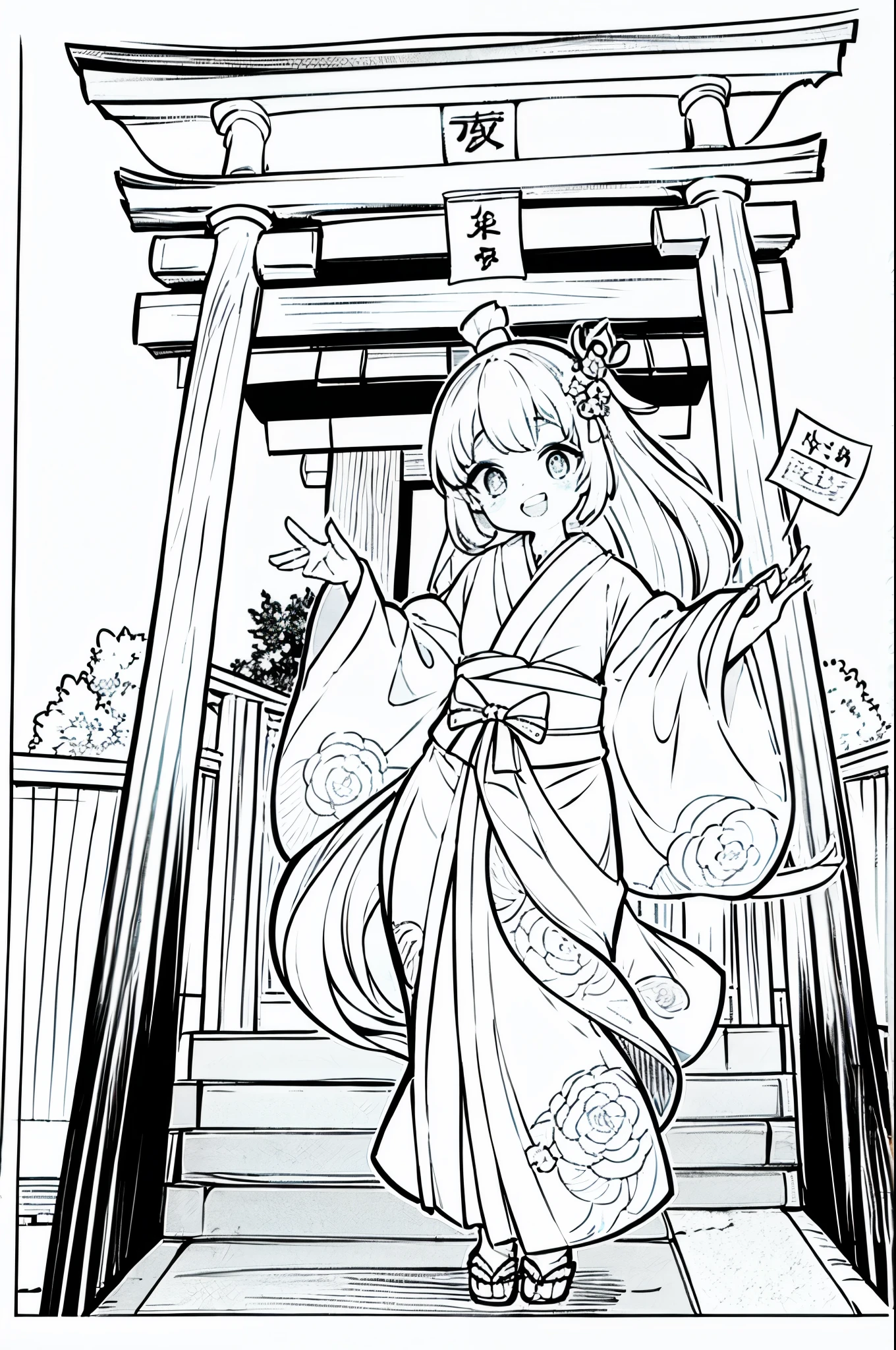 As a coloring book, the color should be black and white, the border should be simple, clear, and bold. A cheerful Asian girl with bright eyes and a mischievous smile is playfully posing in front of the iconic [Fushimi Inari-taisha Shrine] in Kyoto, Japan. She is dressed in a vibrant [kimono with fox pattern], the bold orange and white colors complementing the vermilion torii gates that line the path. The girl's hands are clasped in a playful gesture, and her hair is adorned with a traditional [kanzashi hair ornament].