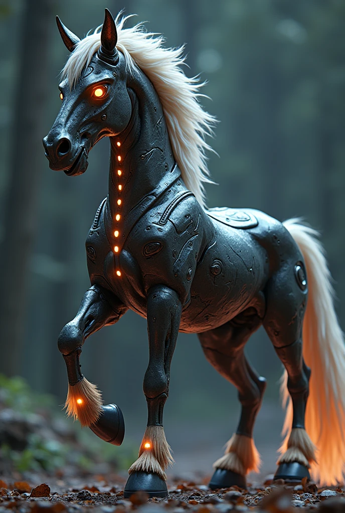a futuristic centaur,, fantasy, highly detailed, hyper realistic, 8k, cinematic lighting, dramatic pose, intricate metal and cyberpunk armor, glowing cybernetic enhancements, powerful muscular physique, majestic horse-like lower body, intense glowing eyes,