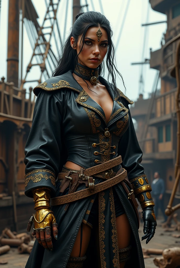 pirate outfit based on the anime One Piece for a carpenter, she makes repairs to the ship. Do this whole body. I want something more intimidating. I want something that commands respect, less cuteness and more fear. Keep the black and gold clothing pattern. is a woman.