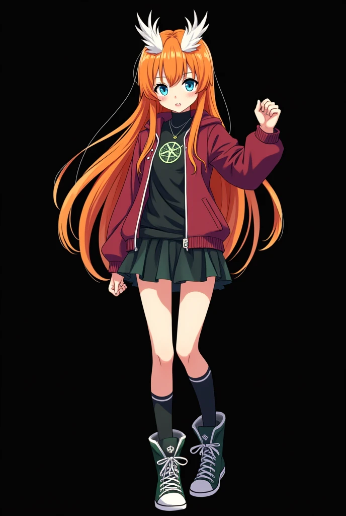 A full body image of a child, personagem do anime "JUJUTSU KAİSEN", she is very beautiful, with long, straight, fire-colored hair with two white streaks highlighted in the front, framing your face. She has blue-green eyes and pale skin.. she is a Wiccan, she is in fighting pose. she wears a pentagram necklace, beautiful women's high top shoes and ¾ long socks. She is drawn with Gege Akutami's lines and animation style., criador de JUJUTSU KAİSEN. black backdrop.