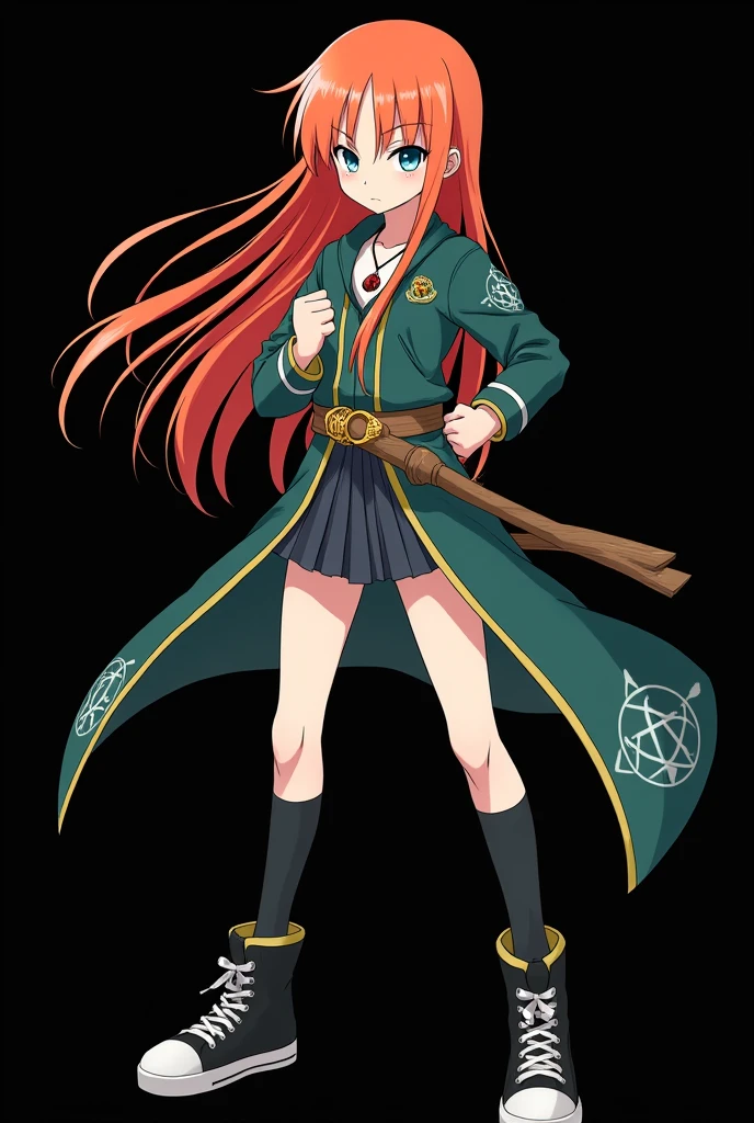 A full body image of a  child, personagem do anime "JUJUTSU KAİSEN", she is very beautiful, with long, straight, fire-colored hair with two white streaks highlighted in the front, framing your face. She has blue-green eyes and pale skin.. she is a Wiccan, she is in fighting pose. she wears a pentagram necklace, beautiful women&#39;s high top shoes and ¾ long socks. She is drawn with Gege Akutami&#39;s lines and animation style., criador de JUJUTSU KAİSEN. black backdrop.