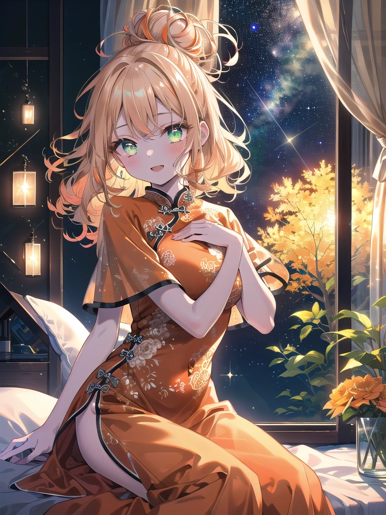 ((8k, highest quality, masterpiece: 1.3)), ultra high resolution, (one girl, alone), (color changing eyes, super detailed, expressive glow, sparkling, glowing eyes), highly detailed eyes, highly detailed face, messy bun, (long curly hair: 1.2), droopy eyes, ((hair color, pale orange gradation to pale green at the end)), flower barrettes on both sides of hair, mouth slightly open, (ecstatic expression: 1.2) pale skin, red Chinese dress, (sexy pose), (bedside at home, dim light: 1.1), starry sky outside the window, random angles