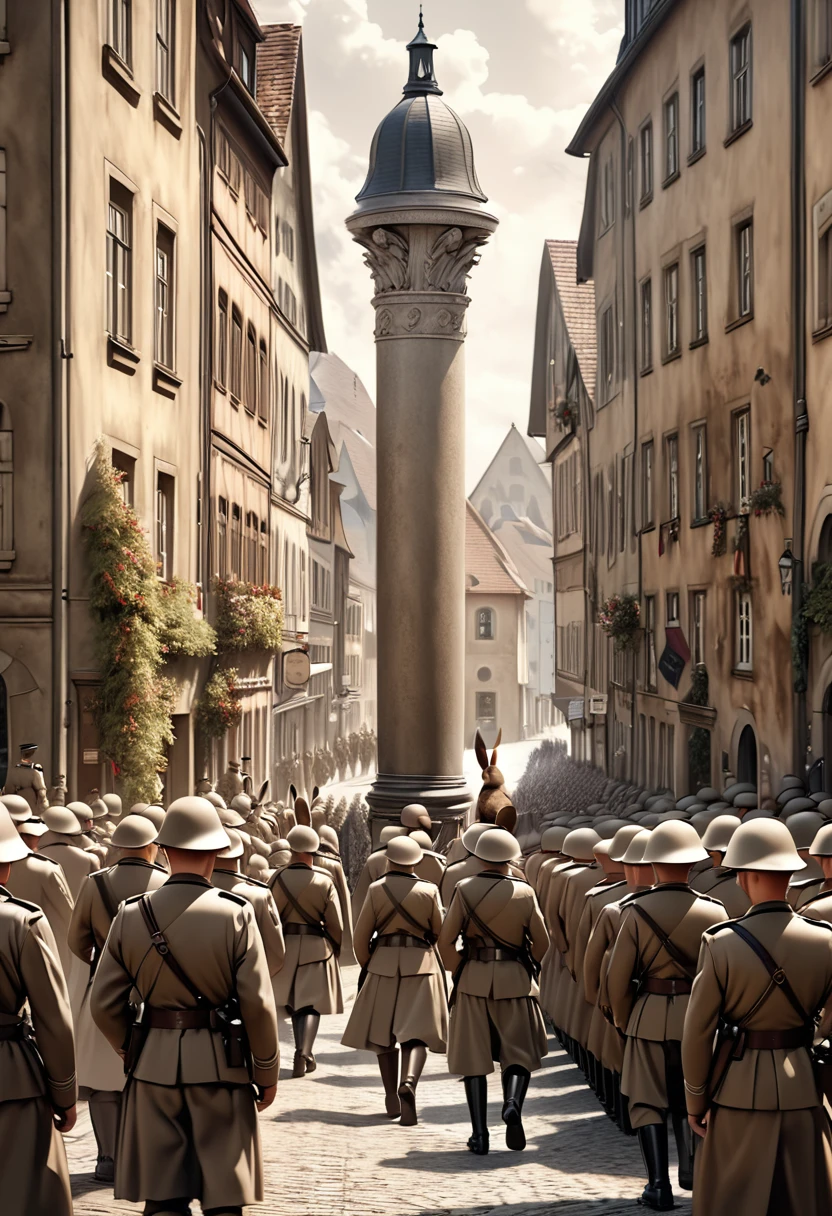 a very old sepia-toned photograph, a rabbit watching a column of german soldiers marching down the beautiful streets of a german town, the soldiers have a look of grim determination, (shot from behind the rabbit looking at the column of soldiers:1.5), realistic, photorealistic, masterpiece, best quality, 4k, 8k, ultra-detailed, hyper detailed painting, physically-based rendering, professional photography resolution, award-winning photography