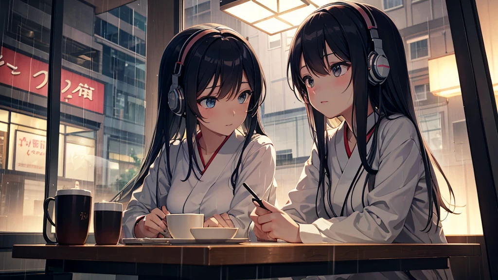 "Draw a Japanese girl in anime style, sitting in a café with headphones on. Rain falls outside the window, creating a cozy atmosphere. She has a gentle expression, with soft lighting and a cinematic feel."