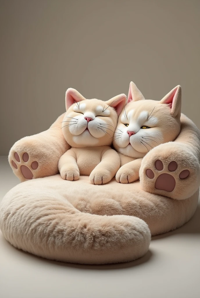 "Design a cozy sofa shaped like a large, curled-up cat, perfect for cat lovers. The sofa should be fully covered in soft, plush fur fabric that mimics the texture of a cat’s fur, in a warm color like gray, cream, or light brown. The backrest of the sofa should resemble the cat’s back and curled tail, while the armrests should be shaped like the cat’s paws, softly rounded and padded. The headrest should feature a detailed cat face, with embroidered eyes, nose, and ears, giving the sofa a friendly, inviting look. The cushions should be soft and fluffy, with some featuring subtle cat-themed patterns or textures. The overall design should be both whimsical and elegant, creating a perfect lounging spot for cat lovers."