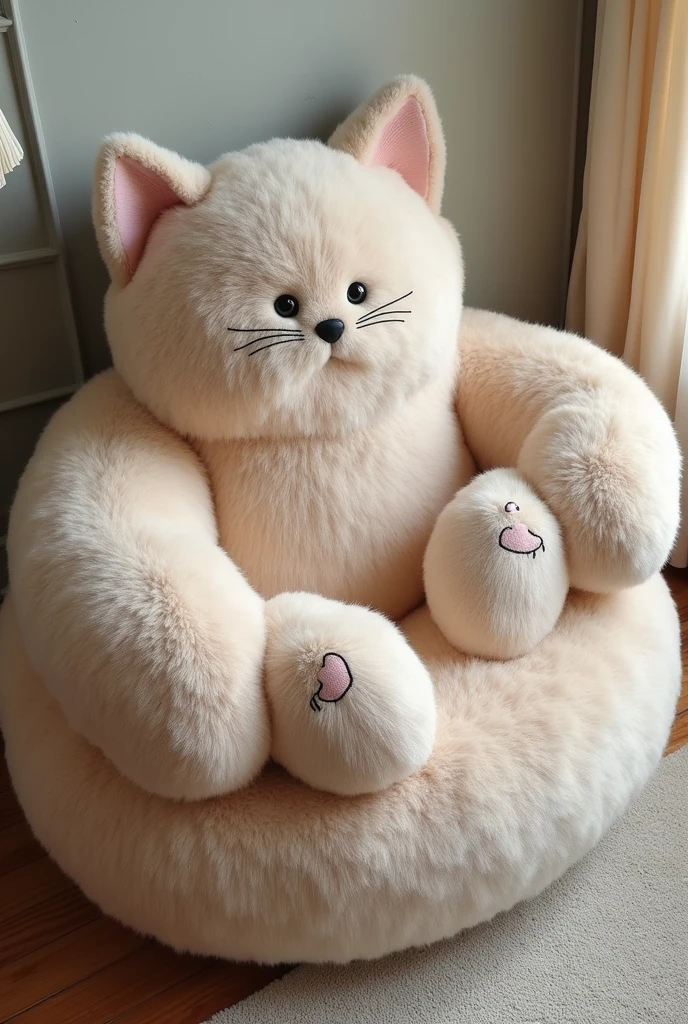 "Design a cozy sofa shaped like a large, curled-up cat, perfect for cat lovers. The sofa should be fully covered in soft, plush fur fabric that mimics the texture of a cat’s fur, in a warm color like gray, cream, or light brown. The backrest of the sofa should resemble the cat’s back and curled tail, while the armrests should be shaped like the cat’s paws, softly rounded and padded. The headrest should feature a detailed cat face, with embroidered eyes, nose, and ears, giving the sofa a friendly, inviting look. The cushions should be soft and fluffy, with some featuring subtle cat-themed patterns or textures. The overall design should be both whimsical and elegant, creating a perfect lounging spot for cat lovers."