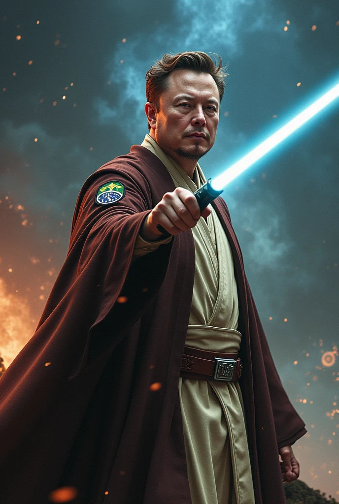 Image of Elon Musk wearing a Star Wars obi outfit with a Brazilian patch pushing Voldemort from Harry Potter away in a battle