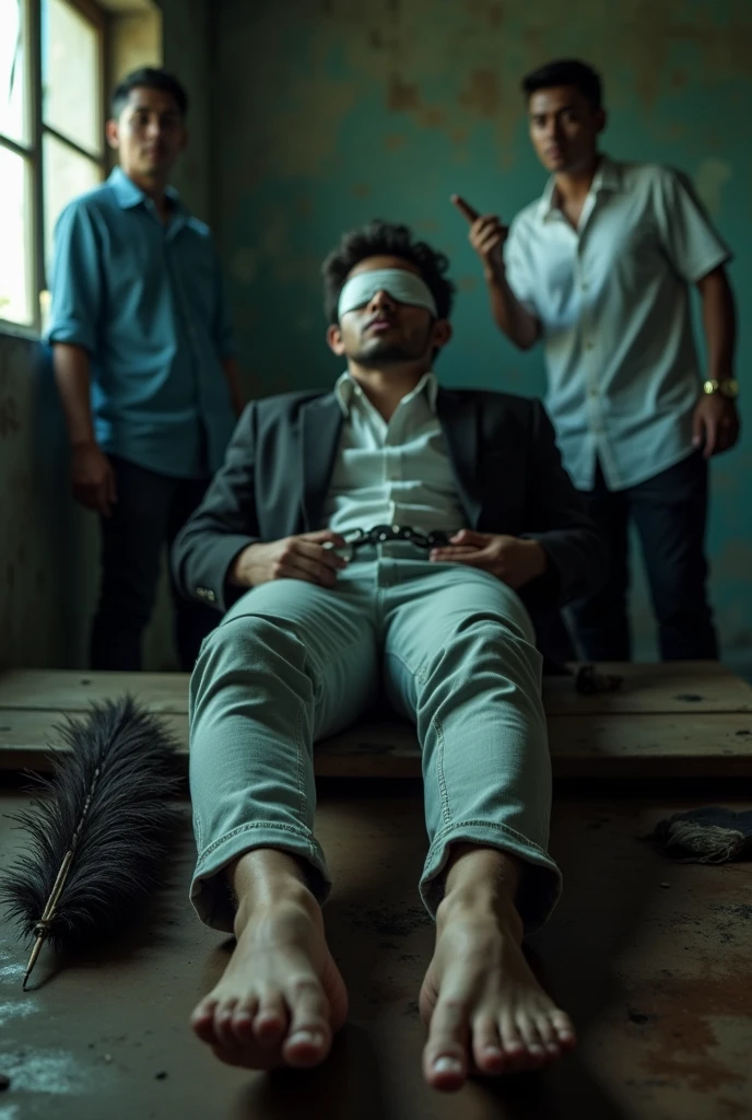 Malaysia malay handsome 25 years student
He fainted
His hand handcuff in abondon warehouse
Blindfolded
handcuff
Formal Outfit
Focus sweaty hot feet on desk
feather duster on desk
Dirty Black sock on desk
2 mafia pinch nose
His feet smell