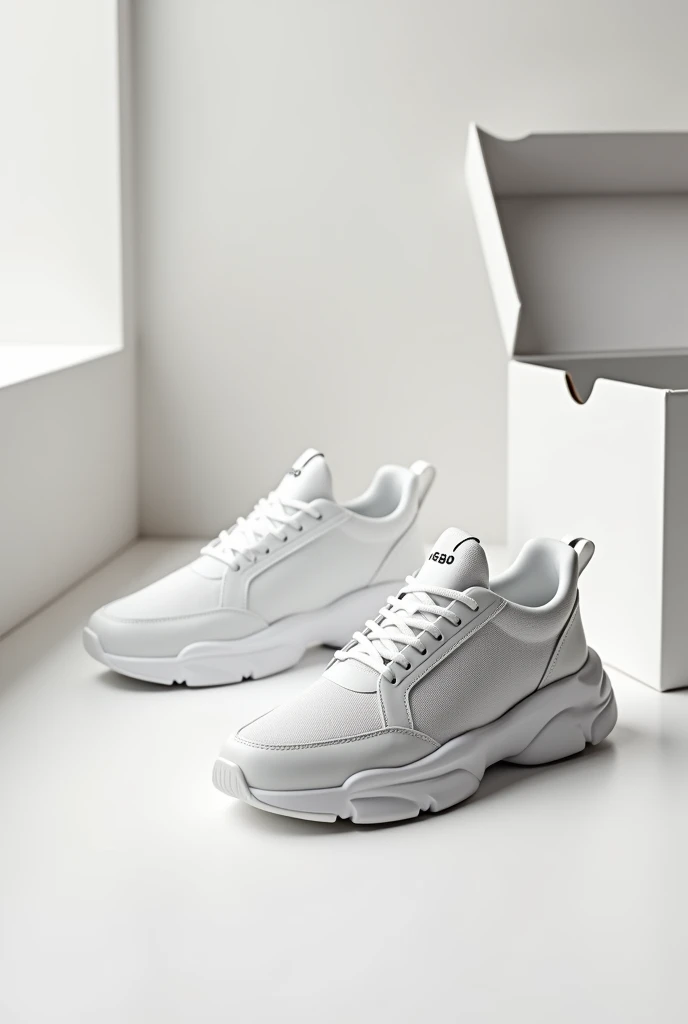 Sporty shoes white colour on the desk with the open boxe. brand name agbo side in shoe
