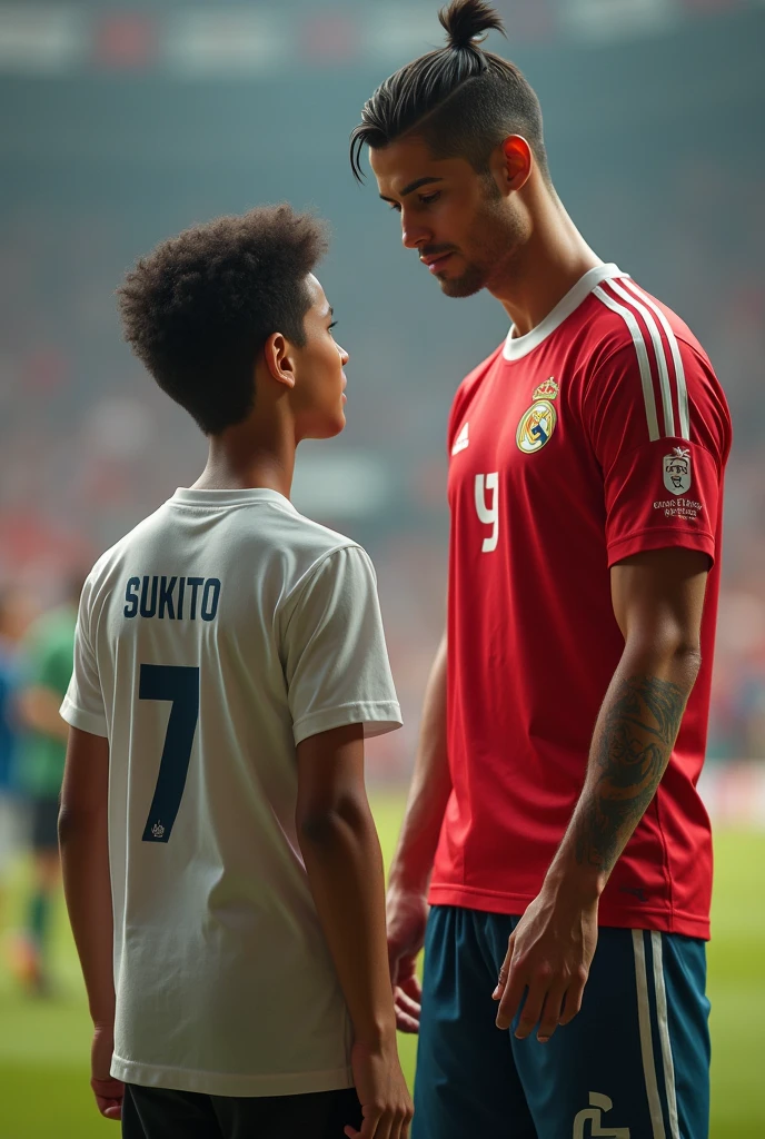 One boy name Sukit written on the t shirt in back  side meet footballer  cristano ronaldo 