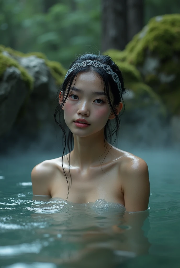 Best Quality, masterpiece, super high resolution, A super model submerged in hot springs in Japan., outdoor hot springs, stone hot springs, surrounded by moss and trees, super beautiful face, pure body, c moss and trees, super beautiful face, pure body, clear pores visible, (smile:0.8), using division (lace headband:1.2), (Realism:1.5), Photo original, soaked body, covered in sweat, bare shoulders, In the dark, deep shadows, low-key, cold light