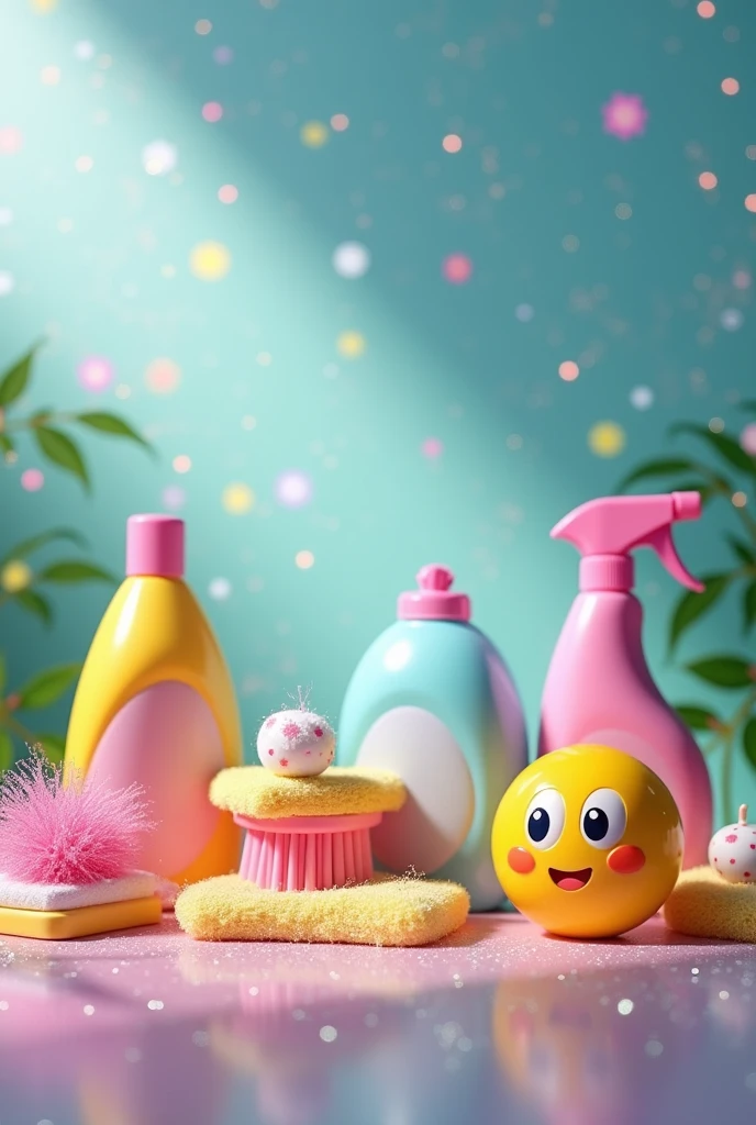 Cleaning products with glitter in the background and a star-eyed emoji in the background