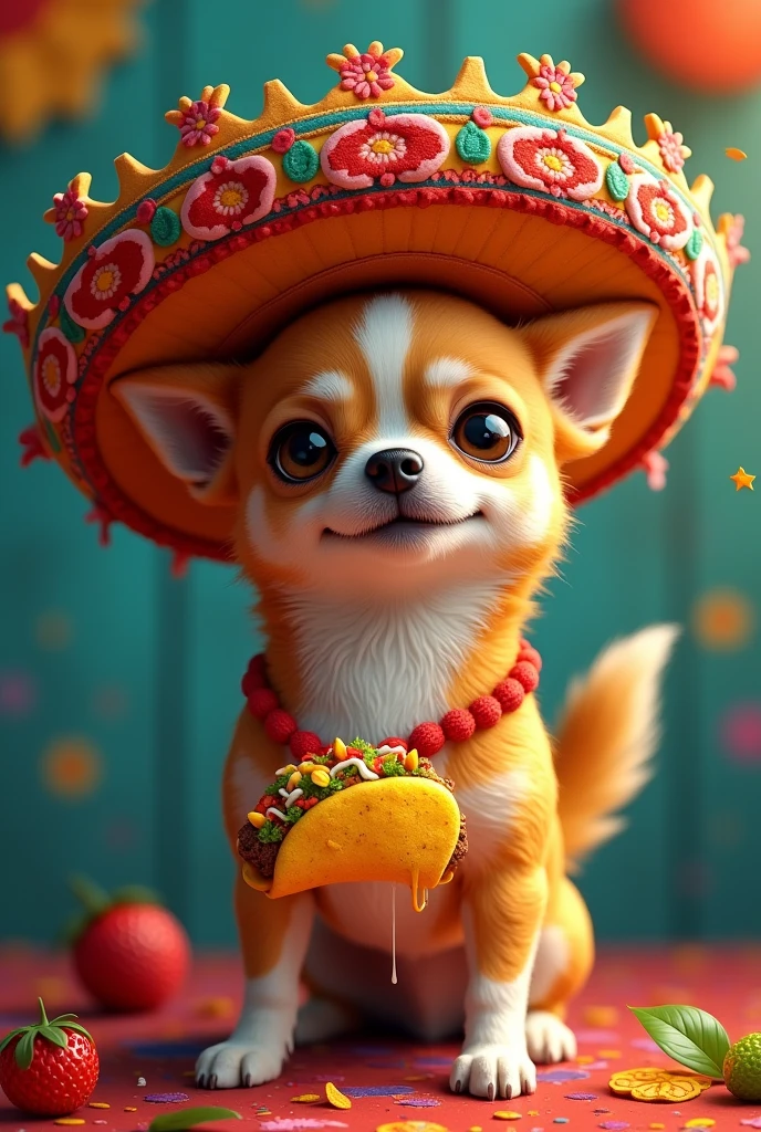 Pinata of a chihuahua dog wearing a Mexican hat and a taco as a necklace, original and creative
