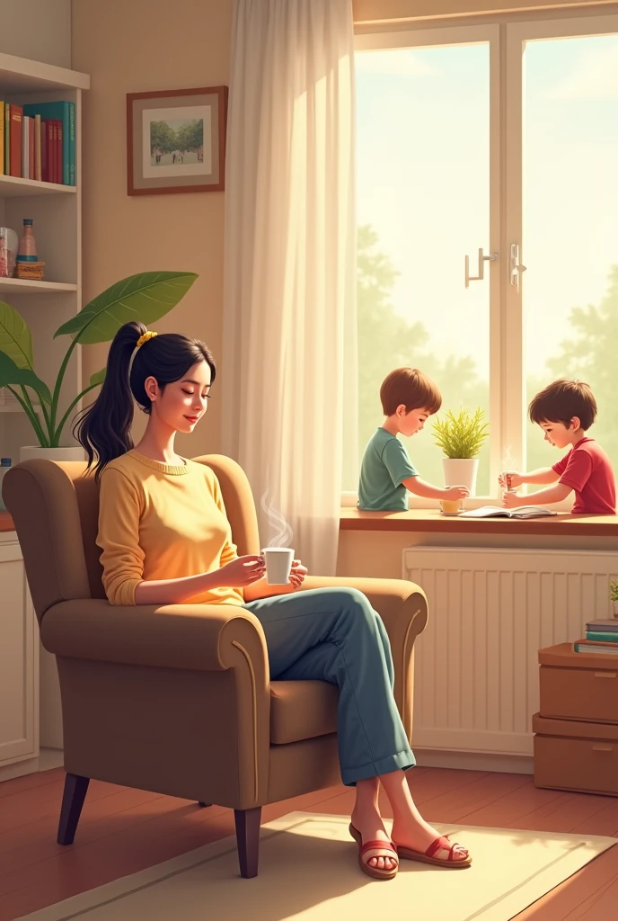 “Create an illustration of a relaxed mother in a cozy, organized home environment. She is sitting comfortably in an armchair, holding a cup of tea, while your children play independently and happily around. Ao fundo, the house is clean and tidy, with soft light coming in through the window, conveying a sense of tranquility and efficiency.”