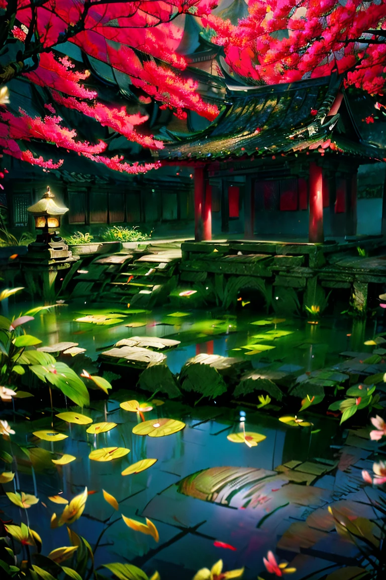 sakura cherry blossom garden, chinese imperial castle, traditional japanese garden, tranquil pond, stone bridge, pagoda, flowers, lush greenery, vibrant colors, soft lighting, intricate details, (best quality,4k,8k,highres,masterpiece:1.2),ultra-detailed,(realistic,photorealistic,photo-realistic:1.37),stunning landscape, breathtaking scenery, atmospheric, serene, peaceful, harmonious, cinematic composition