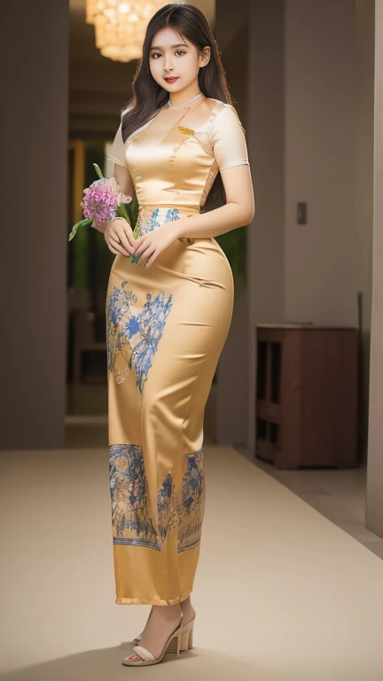 Attractive curvy full body Myanmar girl. High hips, big hips, friends' bodysuits, ((Mostly colored silk dress)) A long dress painted with reflective flowers. A single outfit. ((full body))hi gh hips High resolution tion High resolution nature background High resolution HD 3D, 8K animated anim