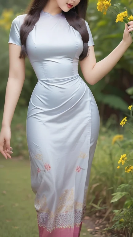 Attractive curvy full body Myanmar girl.  High hips, big hips, friends' bodysuits,  ((Mostly colored silk dress)) A long dress painted with reflective flowers.  A single outfit.  ((full body))hi gh hips High resolution tion High resolution nature background High resolution HD 3D,  8K animated anim