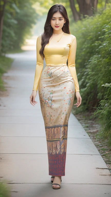 Attractive curvy full body Myanmar girl.  High hips, big hips, friends' bodysuits,  ((Mostly colored silk dress)) A long dress painted with reflective flowers.  A single outfit.  ((full body))hi gh hips High resolution tion High resolution nature background High resolution HD 3D,  8K animated anim