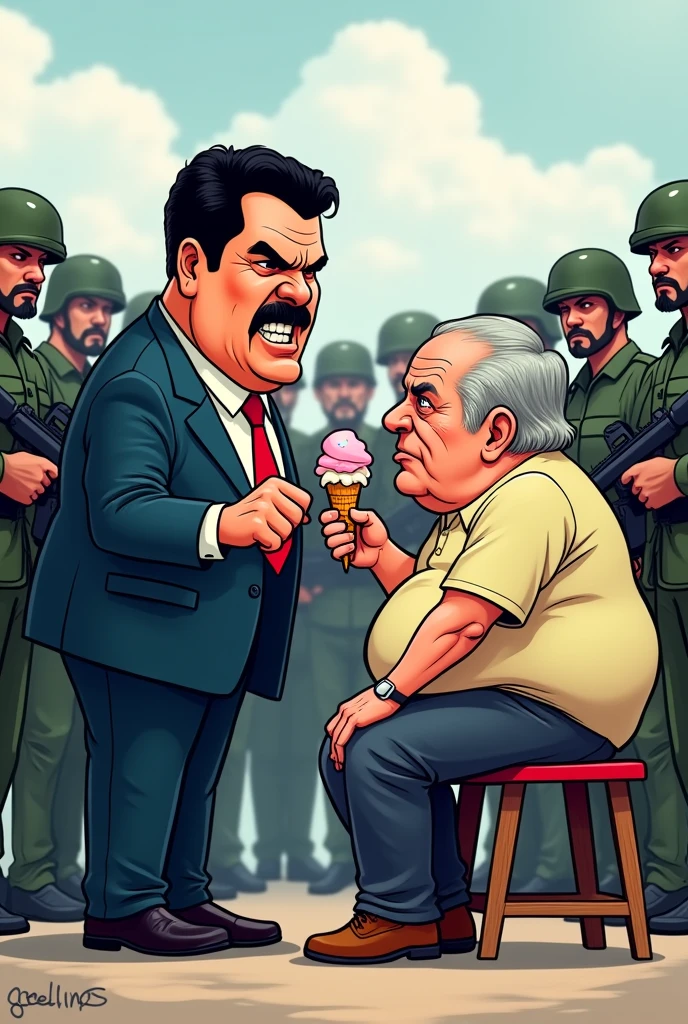 Cartoon of Nicolás Maduro with all his armed thugs behind him yelling at an old, chubby man with gray hair and the old man is sitting on a stool eating a cone