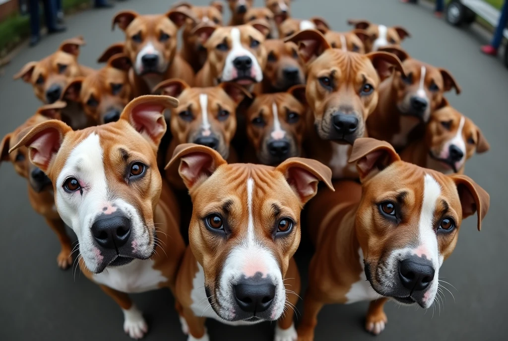 a group of stafford bull terriers are looking at us, photographed with a 12mm wide-angle lens, fisheye style, vysoké detaily srsti, very sharp, 8k