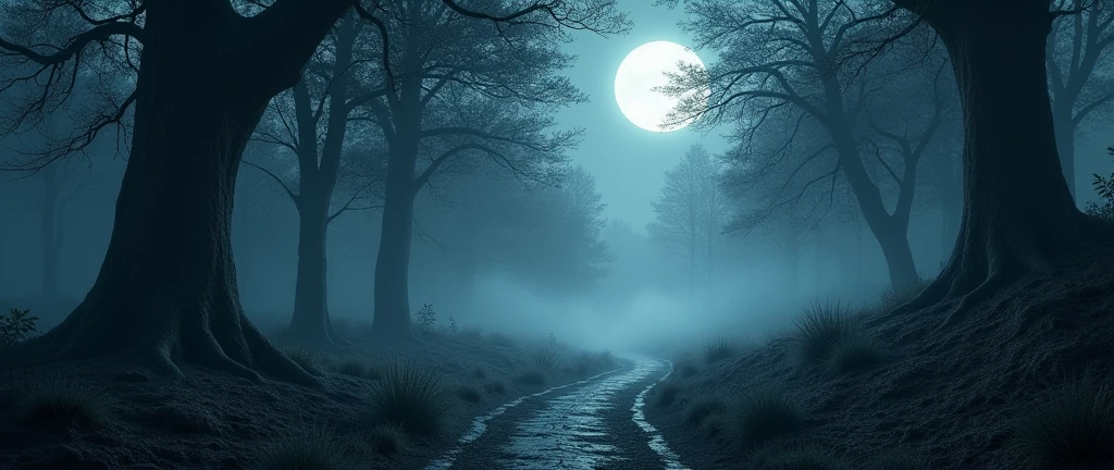 Forest trail, Moon high in the sky, fog ground level, night time, ground level, Gothic art, ray tracing, masterpiece, accurate, super detail, high details, highres, 1080P, HD, 4K, 8k, 16k, best quality