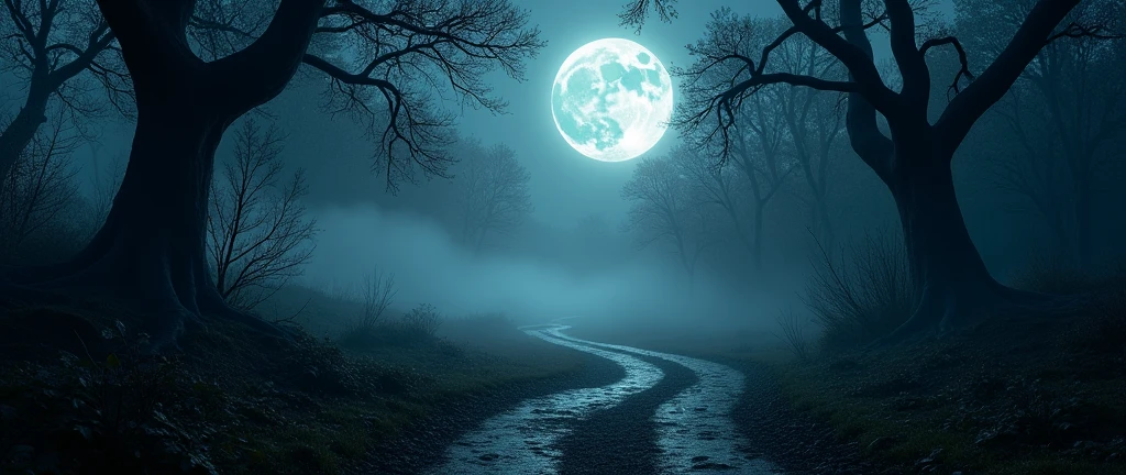Forest trail, Moon high in the sky, fog ground level, night time, ground level, Gothic art, ray tracing, masterpiece, accurate, super detail, high details, highres, 1080P, HD, 4K, 8k, 16k, best quality