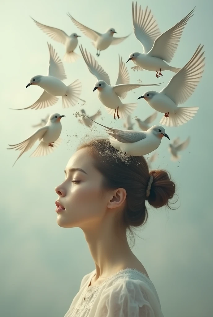A woman with birds flying out of her head
