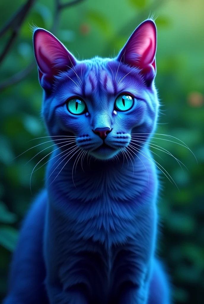 Blue and purple cat cyan eyes green background