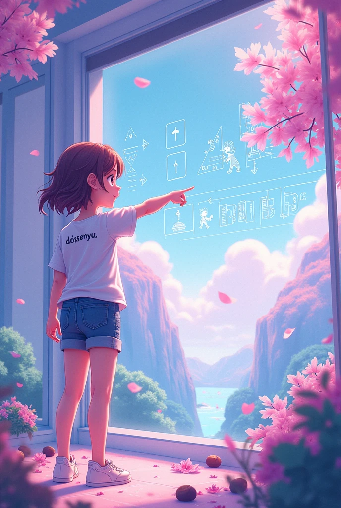 Anime girl with short jeans, T-shirt with the text “dissenyu” long hair, seeds, chestnut, admiring a background about the universe of artificial intelligence with drawings and phrases in Spanish that represent artificial intelligence and the very happy girl pointing at them with her fingers. Use lilac and light green colors