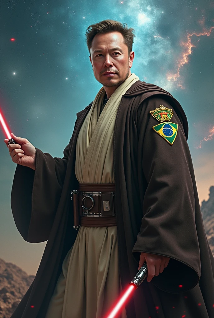 Image of Elon Musk wearing a Star Wars obi outfit with a Brazilian patch pushing Voldemort from Harry Potter away in a battle 