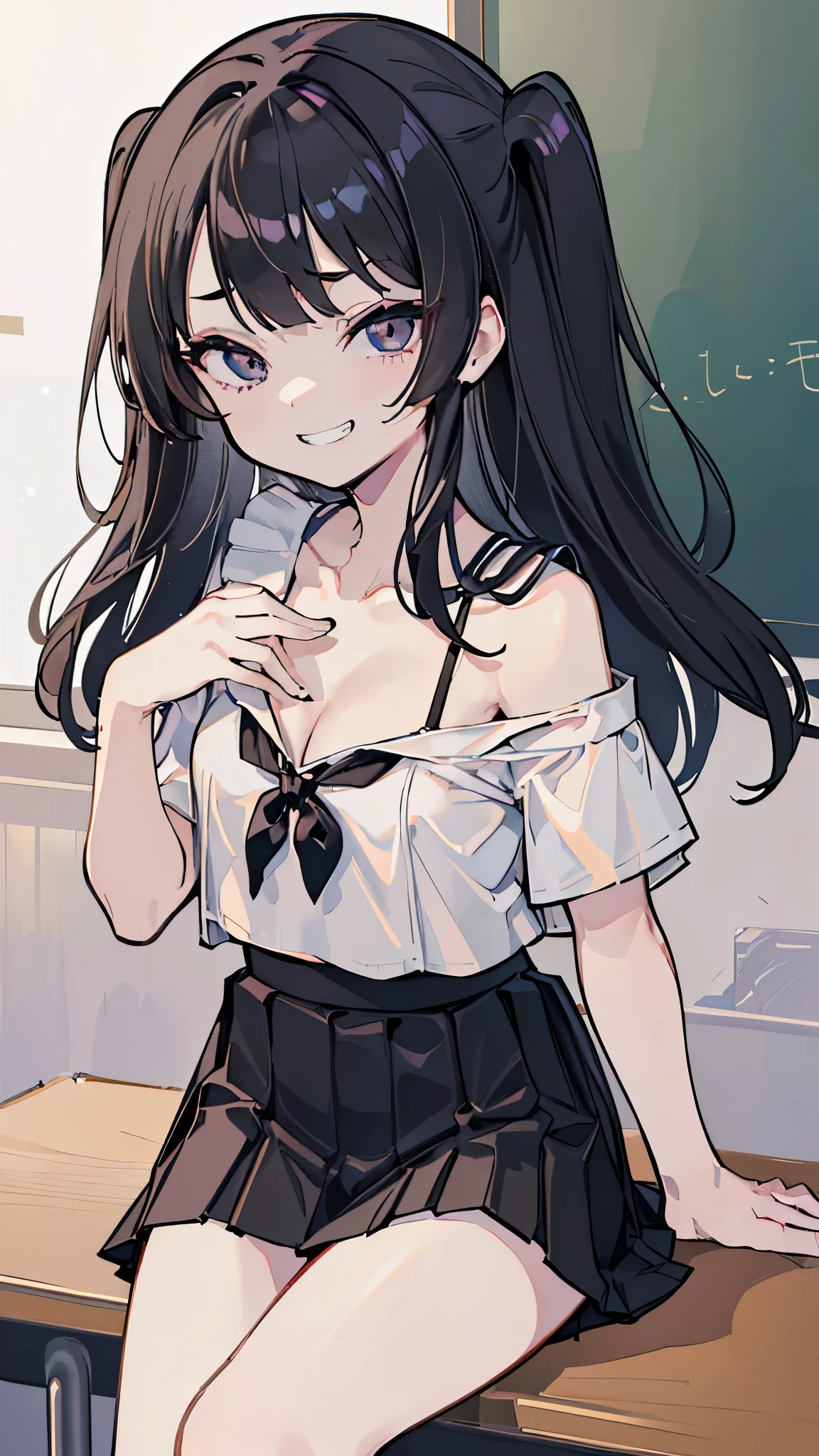 ((masterpiece、Highest quality、Very detailed))、One girl、Black Hair、Long Hair、Two Side Up、blunt bangs、Grey Eyes、evil smile、((Grin))、((Small breasts))、((White shirt))、Short sleeve、((clavicle)、((cleavage))、((Black pleated skirt))、((micro miniskirt))、Cowboy Shot、Sit at a desk、Classroom Background