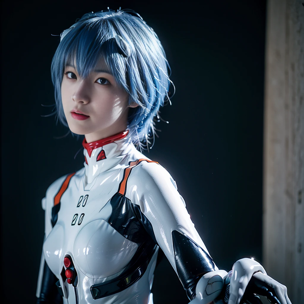 (8k, RAW Photo, Top Quality, Refined Details, Masterpiece: 1.2), (High Resolution 8k Wallpaper), Sharp Focus, Professional Lighting, Depth of Field, Cinematic Lighting, Background Blur, A cosplay of Rei Ayanami from Evangelion. A Japanese woman with blue hair, red eyes, and wearing a white plugsuit. Realistic style with a futuristic background and a cool expression. Quiet atmosphere in a sci-fi setting