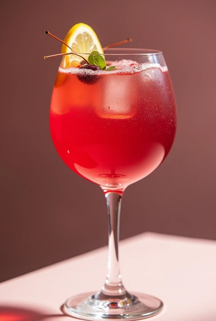 create an ad informing that the gin and tonic drink with red fruit tea is on sale and is going for 32,00, the gin is in a gin glass and there is no fresh fruit in the glass, only the red color of the drink