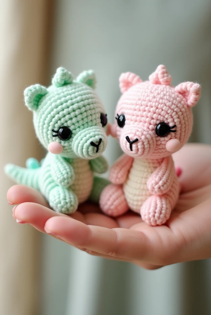 Produk desain,mini plushie, amigurumi , 2 dragons , A chubby dragon with pastel green color, and a chubby dragon with pastel pink color , brand's eyes are made of black amigurumi eyes, and the nose is black, kawaii design,Head size is larger than body, Product photo with plushie in the palm of the hand