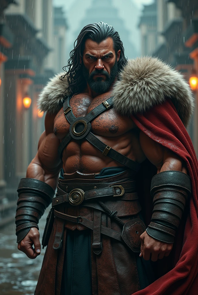 (Professional 3D Rendering:1.3) of (Realistic:1.3) 世界で最も美しい芸術作品of写真,Featuring soft and radiant male heroes, ((Epic hero Fantasy muscle man rough wet hero angry look long hair short beard and ferocious expression in dynamic pose, Great location, Majestic cluttered environment)), Full body 8k Unity rendering, Action Shots, 皮膚of毛穴, 非常にdark照明, Dark shading, detailed, detailed face, (活気ofある, Photo Real, Realistic, dramatic, dark, Sharp focus, 8k), (Old leather goods damaged by weathering:1.4), ((((Wearing fur)))), (Complex:1.4), Decadent, (非常にdetailedな:1.4), Digital Painting, Rendering with Octane, Art Station, Concept Art, Smooth, Sharp focus, figure, ArtJam, (Reusch:0.23), Ilya Kuvshinov, And Greg Rutkowski and Alfonse、Thanks so much, (Global Illumination, Studio Light, Volumetric Light), heavy rain, Suspended particles, Rotor, Fantasy, Fairy, Full Body Lesbian, ((dark and ancient city background:1.3)),CGSesociety,Art Station