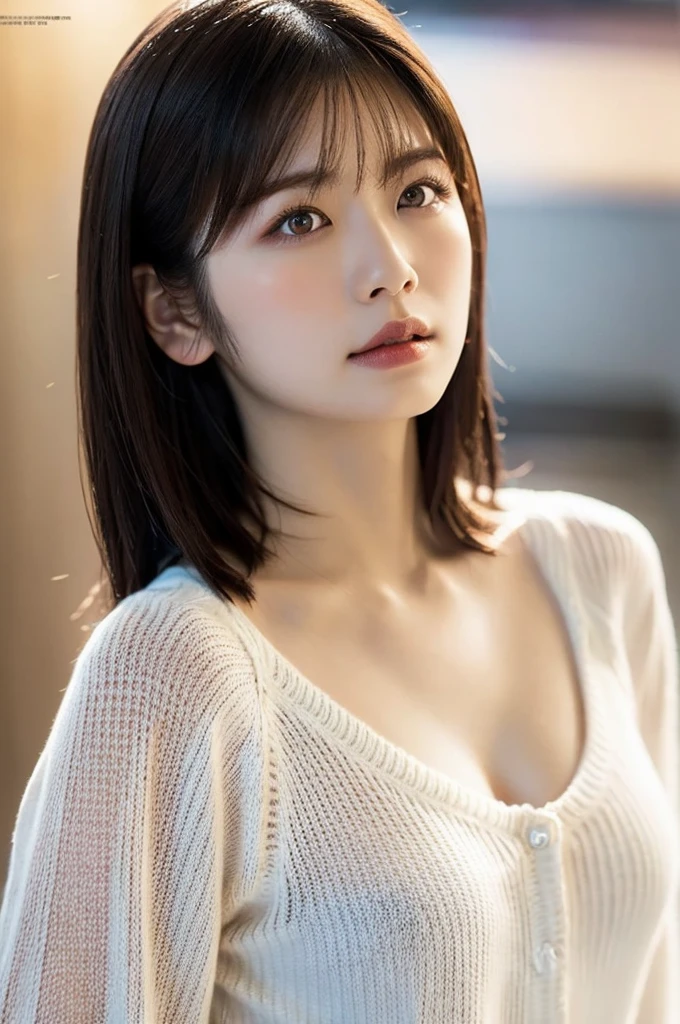 1 girl, (Wearing a white summer sweater:1.2), Very beautiful Japanese idol portraits, 
(RAW Photos, Highest quality), (Realistic, Realistic:1.4), (masterpiece), 
Very delicate and beautiful, Very detailed, 2k wallpaper, wonderful, finely, Very detailed CG Unity 8K 壁紙, Very detailed, High resolution, Soft Light, 
Beautiful detailed girl, Very detailed目と顔, Beautiful and sophisticated nose, finelyて美しい目, Cinema Lighting, 
(Fashion magazine photography:1.3), (Outdoor), (Sunset sky),
(short hair), 
Very detailedなアートジェム,Gravure photo,Near-blur,Backlight,Delicate Shadows,Lens flare,Sparkle Effect,Vignetting,(Detailed skin texture:1.3),A lovely and delicate beautiful young Japanese woman,Random Hairstyles,((Large Breasts:1.2)),(Beautiful valley),View here,Perfect body,Sexy expression,Bold Pose,Vivid Rouge,Waistline,Sheer cardigan,See-through
