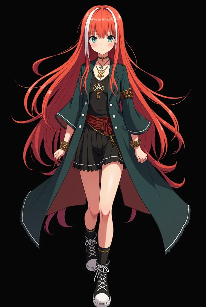 A full body image of a child, personagem do anime "JUJUTSU KAİSEN", she is very beautiful, with long, straight, fire-colored hair with two white streaks highlighted in the front, framing your face. She has blue-green eyes and pale skin.. she is a Wiccan, she is in fighting pose. she wears a pentagram necklace, beautiful women's high-top shoes and ¾-long socks. She is drawn with Gege Akutami's lines and animation style., criador de JUJUTSU KAİSEN. black backdrop.