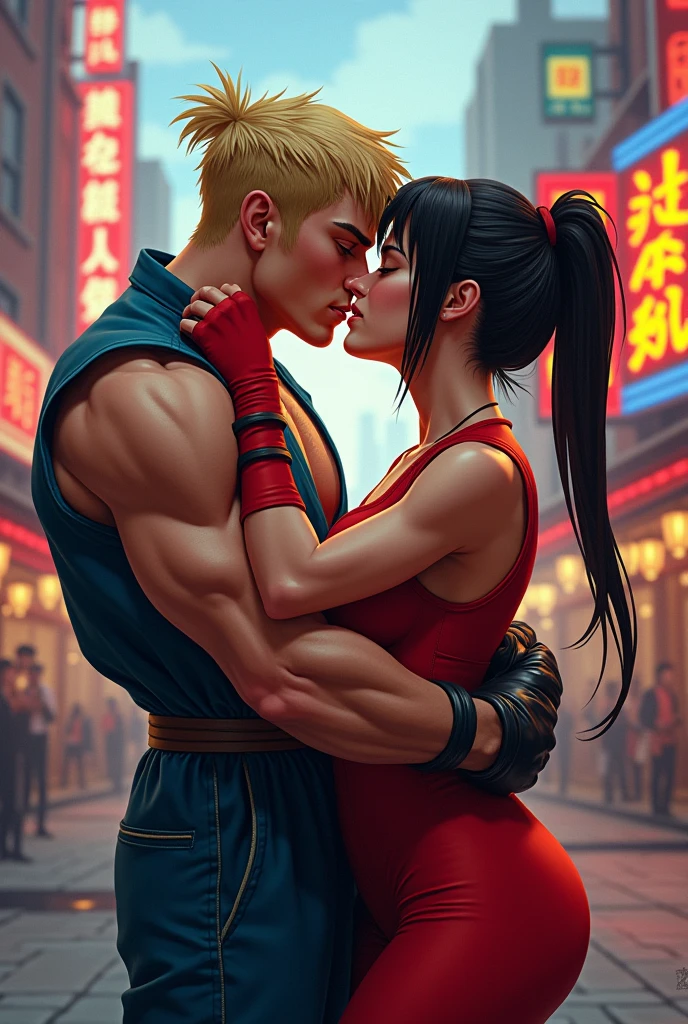 Two men and women facing each other in a street fight。The woman is weak。A man is punching a woman。A female street fighter is crying。Covered in bruises。Bloody。shortness of breath。Drooling。Sweaty。Short black hair。Open Finger Gloves。Erect nipples。One eye closed。Leaning back。Upper body naked。Denim shorts。