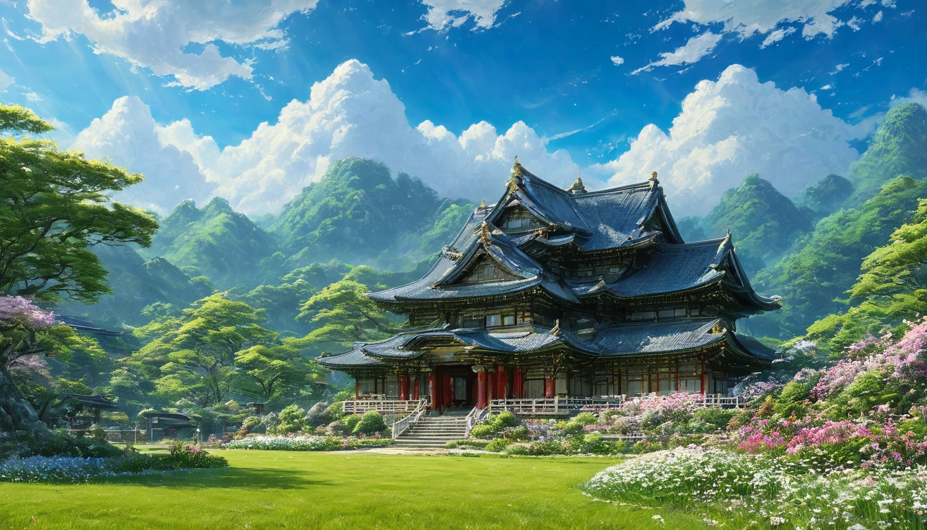 Lawn groundの風景を作成してください。blue sky、Lawn ground、(ultra-Detailed Background, Detailed Background), Absurd, High resolution, Super detailed, Very detailed, Portrait Photography、{{masterpiece}}, Highest quality, Very detailed 8k 壁紙, Cinema Lighting, Detailed landscape、